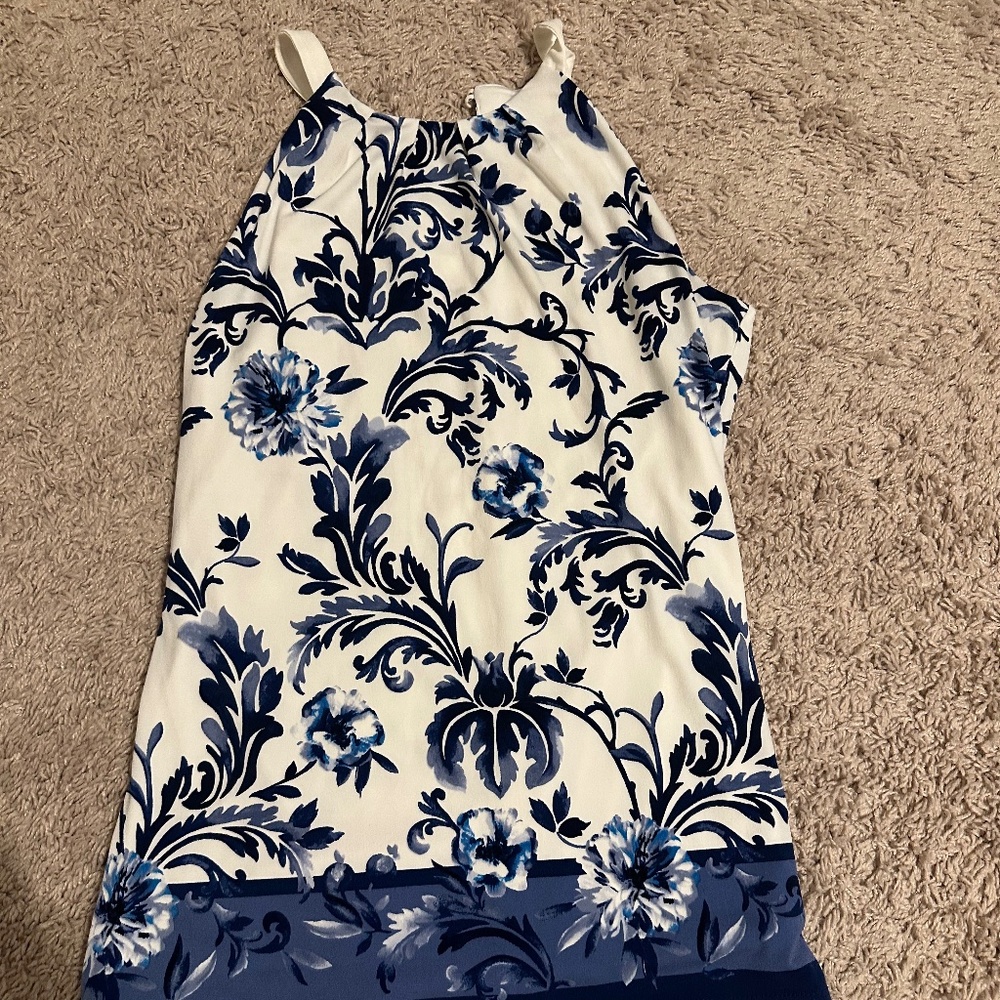 Beautiful White and Blue floral WHBM high neck sleeveless top
